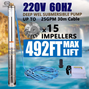 220V/60Hz Submersible Pump Heavy Duty 4 3HP Electric Self Priming High Lift Deep Well Impeller Water Pump 387ft 25GPM