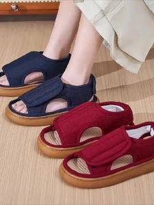 XO Middle-Aged and Elderly Sandals Mens and Womens Summer Breathable Linen Sandals Velcro Adjustable Postoperative Foot Swelling Diabetic Foot Shoes