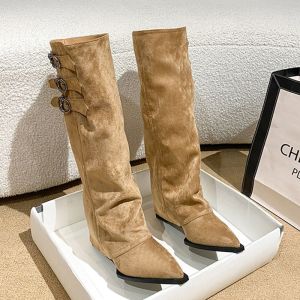 Height Increasing 6CM New style pointed toe slimming long boots for women vintage over-the-knee riding boots
