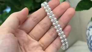4-5mm Natural Freshwater Pearl Bracelet Double Row with Cubic Zirconia Near Round High Luster Pearl Bangle for Women