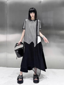 product: XITAO Asymmetrical Grid O-neck Pullover Dresses Solid Color Short Sleeve T-shirts Loose All Match Summer DMJ4116