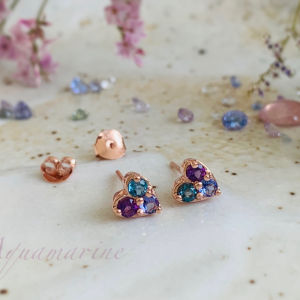 ต่างหูสตั๊ดทรงหัวใจ พลอยแทนซาไนท์อเมทิสต์ลอนดอนบลูโทพาส กลม 3 mm.