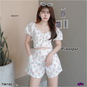 TW18610 set 2 ชิ้น เสื้อแขนตุ๊กตา ลายเชอร์รี่ + กางเกงขาสั้นลายเชอร์รี่ ..