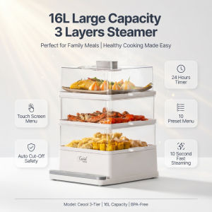 CEOOL 16L Electric Food Steamer Cooker 3 Layers Touch Screen Smart Safety Fast Heating 800W