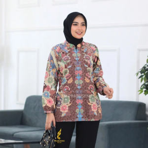Blouse Batik Wanita Prabuseno Motif Saukia Atasan Baju Batik Wanita Lengan Panjang Prabuseno Modern Premium Jumbo Big Size Full Furing Pakaian Kemeja