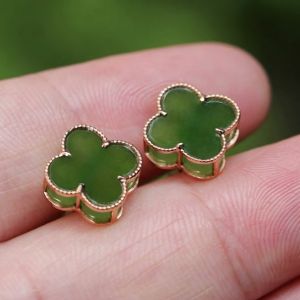 Montagne Jewelry 18k Pure Gold Four Leaf Clover Design Fine Jewellery Natural Top Grade Green Jade Earrings Stud Earring