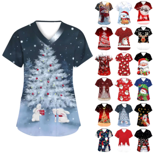 Christmas Scrub Tops Women Nursing Uniforms V-Neck Short Sleeve Fun Printed Scrubs Top with Pockets