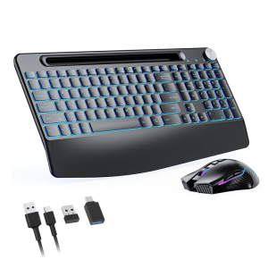 2.4ghz Wireless Keyboard Mouse Set Ergonomic designs Builts In Phone Stand Adjustable Volumes Knob Rechargeable Mouse