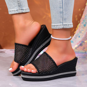 [Free Shipping] Plus-Size WomenS Summer Sandals With A Hollowed-Out Design Thick Soles Mesh Fabric And Rhinestone Embellishments Size 43