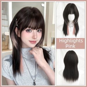 SINGLE Long Wolf Tail Wigs with Bangs Black Brown Synthetic High Layered Fashion Routine Wigs Fake Hair Fluffy Mid-Length Straight Hair for Women