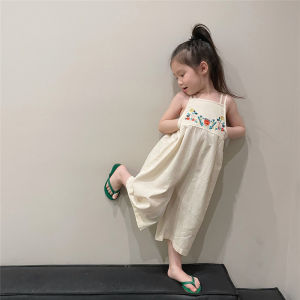 Sunday Kids Clothing Girls Jumpsuit Summer Flower Embroidered Suspenders One-piece Pants Childrens Clothing Outfits 3-7Y