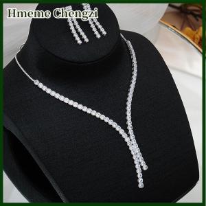 Hmeme 2Pcs Simple Geometric Zircon Necklace Earrings Kit For Women Wedding Bride Jewelry Set Accessories Gift