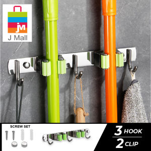 J MALL SUS304 Stainless Steel Wall Mounted Clothes Rack Storage Bedroom Kitchen Bathroom 6/5/4/3/2 HOOK 5/4/3/2/1 Clip Mop Broom Wall Holder (Colour Random)
