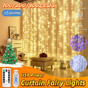MLADEN 3x3M 300 LED Curtain Fairy Lights USB String Window Lights Stars Fairy Lights Christmas Party Decor