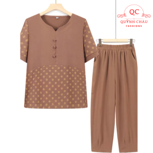 Đồ bộ nữ trung niên cho mẹ bộ LỤA PHÁP trung niên nữ họa tiết phối Bi quần 9 Tấc ống nhỏ cao cấp .KB2