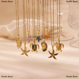 [COD] Home Base Creative Sea Turtle Conch Pendant Necklace For Women Girls Exquisite Stainless Steel Pendant Clavicle Chain Jewelry Accessories