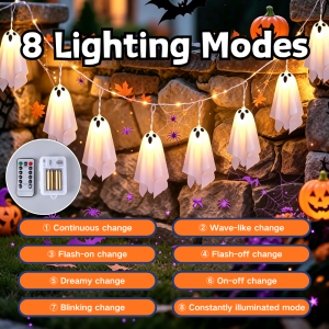 🔥👻New10 LED Halloween Hanging Ghosts String Lights Battery-Powered 8 Modes Remote with Remote Halloween Decorations Outdoor Garden Party Ambient Light