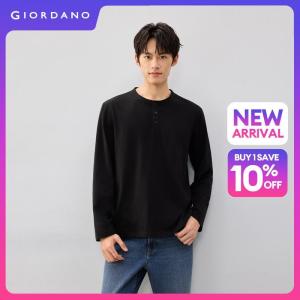 GIORDANO Men T-Shirts Solid Color Cotton Tee Henley Neck Long Sleeve Fashionable Casual Relaxed T-Shirts 13026880