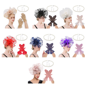 Stylish Racing Day Headpiece Set with Fascinator Hat Gloves Necklace Earrings For Outdoor Theme Party Gathering