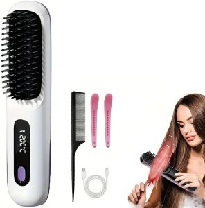 Cordless Hair Straightener and Curler 2 in 1 Portable Straightening Iron for Travel Fast Heating with 3 Temp Settings & Negative Ion Hot Comb LCD Display Gift for Women (Black)
