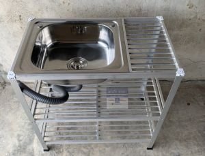 ซิงค์ล้างจานแสนตนเลส 75 ซม ไม่ต่อบน มีชั้นกลาง อ่างล้างจานแสนตนเลส ขาอลูมีเนียม 2 ชั้น กลาง (75ไม่บน)