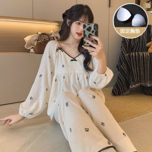 Princess Style Women Pajama with Chest Padded Spring Autumn New Cloud Cotton Long Sleeved Pijama Korean Casual Thin Home Suit Set