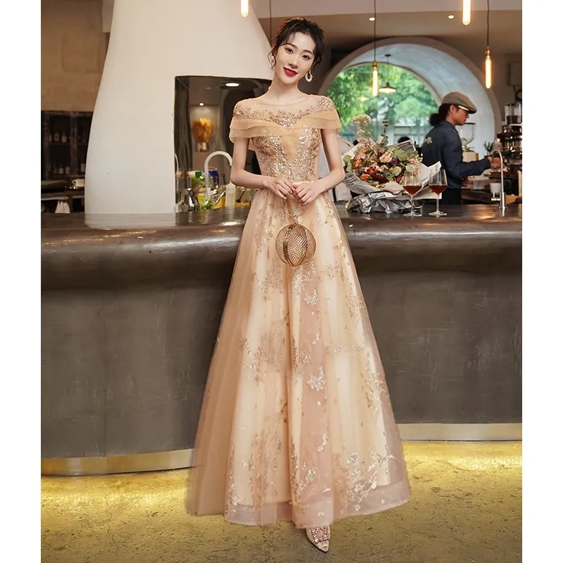 Pang DuDu Elegant Dress For Night Party Sequins Champagne Strap Evening Gown For Women