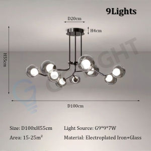 โคมไฟระย้าโมเลกุลถั่ววิเศษอันทันสมัยที่ห้อยไฟกระจกสีเทาควันทรงลูกบอลสำหรับร้านอาหารอิตาเลียนบาร์ห้องนั่งเล่นแสงที่ทันสมัย