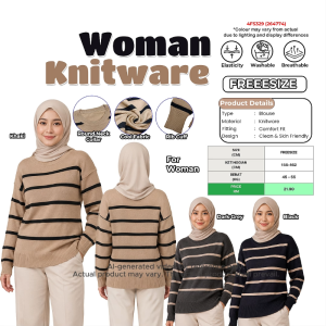 Womens Striped Knit Sweater – Round Neck Long Sleeve Pullover | Soft Breathable & Comfortable Fit (Free Size)