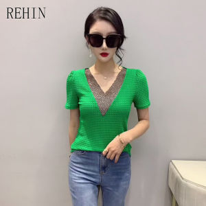 REHIN Womens top Europe tyle summer new fashion V-neck hot drill short-sleeved T-shirt Slim bottoming shirt