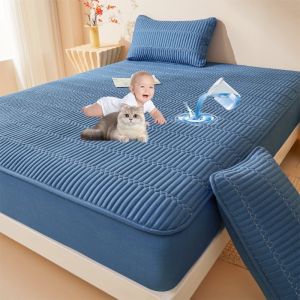 100% Waterproof Thicken Fitted Bedsheet Quilted Soft Skin-friendly Bedsheet With Garter Plain Mattress Protector Cover Single/Queen/King