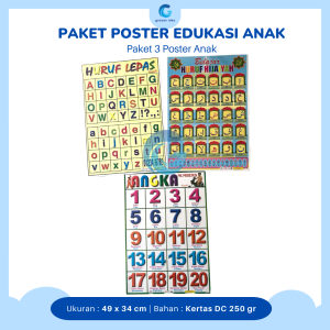 Paket 3 Poster Dinding Edukasi Anak Belajar Mengenal Hijaiyah Angka dan Abjad ABC