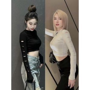 Áo croptop dài tay nữ Áo giữ nhiệt ấm kiểu ôm body vải cotton co giãn tốt  HAI MÀU ĐEN TRẮNG