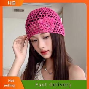 HB Retro Elegant Sequined Flower Hollow Pullover Hat Women Summer Autumn Travel Photo Atmosphere Versatile Casual Y2K Woven Beanies