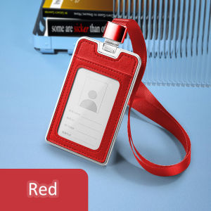 Aluminium Alloy Vertical ID Card Holder with Lanyard Genuine Leather Staff Name Tag Badge Holders Business Office Supplies