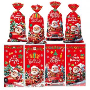 50Pcs Withbetter Merry Christmas Plastic Candy Bag With Ribbon Gift Packaging Pouch Xmas gift bag