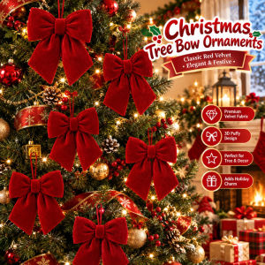 Red Velvet Bow Ornament 3D Puffy Hanging Bowknot Christmas Tree Wreath Stair Door Decor