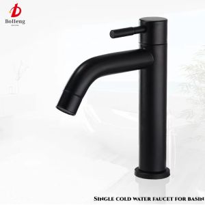 Basin Single Cold Water Faucet SUS304 Brushed Single Cold Water-Black Bathroom Sink Faucet Pillar Basin Tap