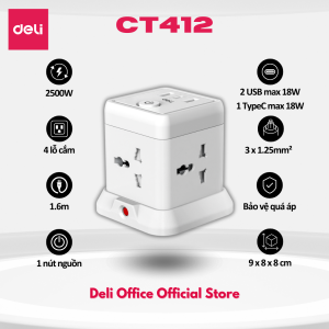 Ổ Cắm Điện Đa Năng Cao Cấp DELI: Thiết Kế Hình Vuông Độc Đáo Tích Hợp Cổng Sạc Nhanh PD 20W Type-C Tự Động Ngắt Điện Khi Quá Tải Để Đảm Bảo An Toàn Công Nghệ Chống Cháy Nổ Tiên Tiến Cho Sử Dụng Lâu Dài Và An Tâm