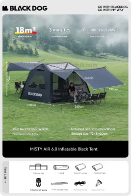 Blackdog MISTY AIR 6.0 Inflatable Black Tent 4 Person Fast Build With Built-in Detachable Electric Air Pump Large Space up to 18m² Use Vinyl Coated Sunscreen Waterproof Extended Canopy