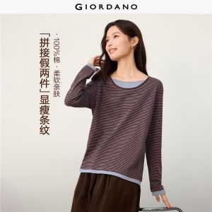 Giordano Beau Monde Women Fake two-piece striped long sleeve cotton tee Free Shipping 13326616