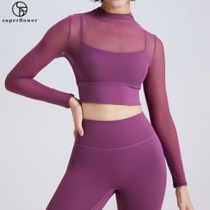 SUPERFLOWER Womens Long Sleeve Mesh Top with Fixed Bra Pad for for Running Gym Workout Yoga