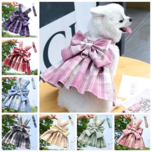 LUXERY Adjustable Dog Dress Set Mesh Breathable with Traction Rope Bow Plaid Harnesses Sweet Pet Clothes for Small Girl Dogs