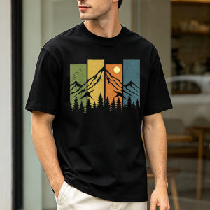 Geometric Mountain Forest Eagle Print T Shirt Men Four Panel Nature Silhouette Minimal Wilderness Hiking Casual Streetwear Tops