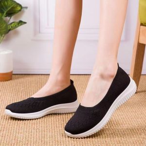 Fashion Korean 2024 Plain New Gray Grid Rounded Toe Lightweight Women Shoes Flat Slip On Casual Rubber Comfortable Sneakers Soft Elastic Lady Sport Running Breathable Shoe07