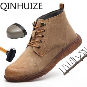 QINHUIZE Genuine Leather Safety Work Boots Crazy Horse Leather Martin Boots Men Fashion Desert Boots Popular High Top Leather Shoes