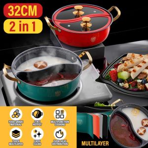 [Sell Zone] [ 2 IN 1 ] Kitchen Mandarin Duck Hotpot Nonstick Maifan Stone Coating Stainless Steel 304 / Periuk Hot Pot Tidak Lekat Dua Dalam Satu / 32CM一体成型二味鸳鸯火锅304材 彩色