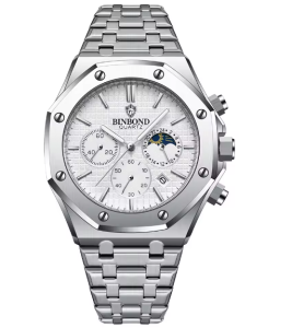 BINBOND Top Luxury Brand Man Business Quartz Watch Chronograph Dial Calendar Wristwatch Stainless Steel Strap 30M Water Resistant Fashion Men Watch