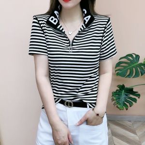 Slim Fits Women Loose Blouse Short Sleeve Wanita Baju Tops Blus Zipper Letter High Round O Neck Nylon Stripe Shirt Autumn Thin Plus Size Sports Sporty Top Clothing #303