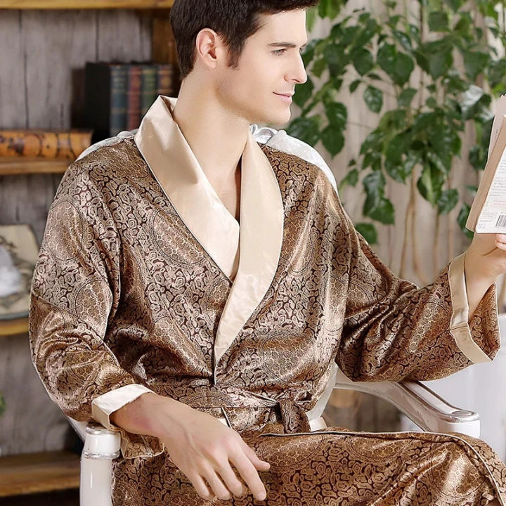 Men bath robe satin print gold kimono bathrobe silk long dressing gown plus  size sleepwear geometric lounge nightgown XL 4XL 5XL